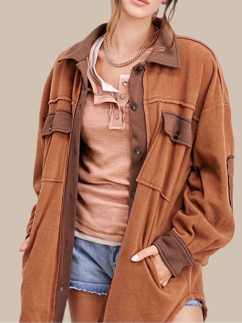 NWT LA MIEL Brown Oversized Teddy Shacket with Contrast Trim